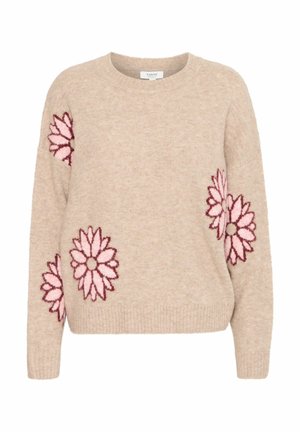 Beige strikket sweater med rund halsudskæring og lange ærmer, der har lilla blomsterbroderi på fronten og ærmerne. Blød tekstur.