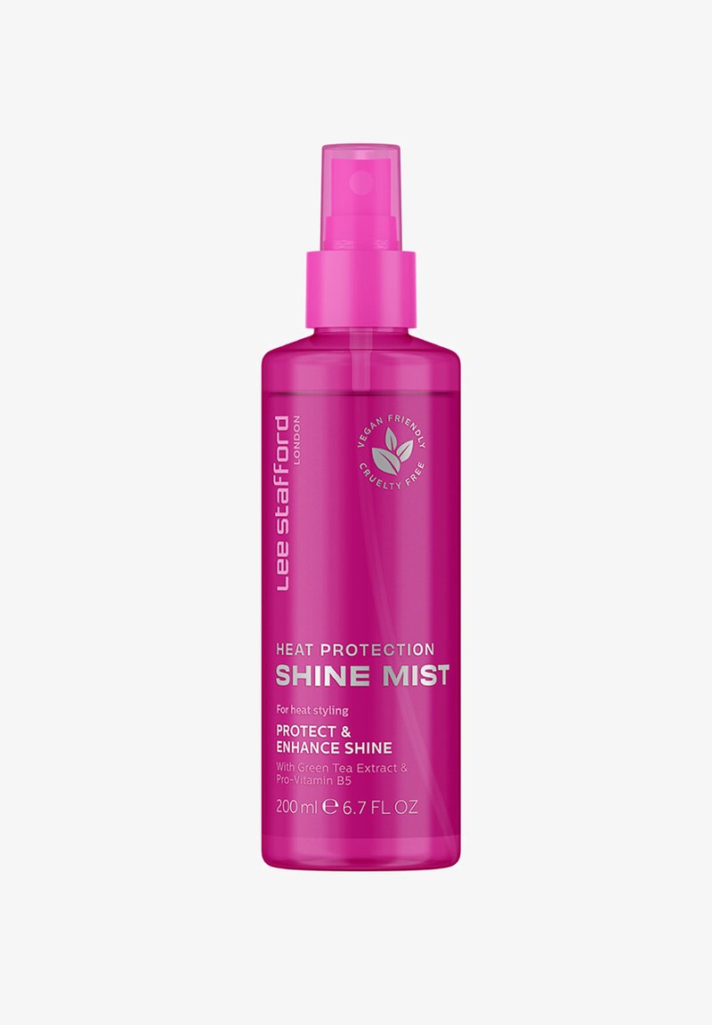 Roze plastic spuitfles met een pompdosering, gelabeld "Heat Protection Shine Mist" met tekst in zilver. Bevat 200 ml.