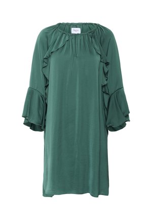 Green, knee-length dress made of smooth fabric, featuring ruffled details along the neckline and bell sleeves. Soft texture.