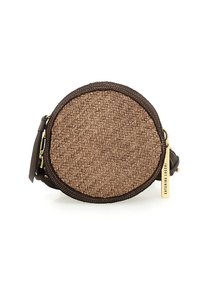 Borsa rotonda con parte anteriore in paglia intrecciata marrone, rifinita con una tracolla e dettagli in pelle marrone scuro, featuring un'etichetta in tono oro per la marca.