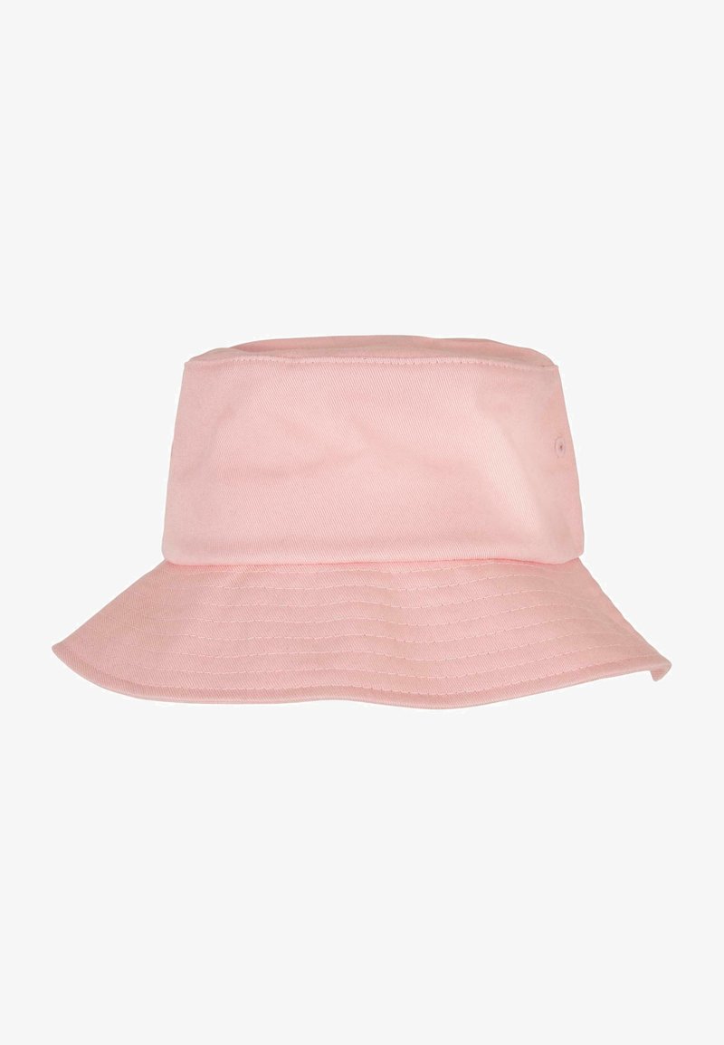 Light pink bucket hat made of cotton, featuring a wide, downward-sloping brim and a slightly textured, solid design with horizontal stitching.