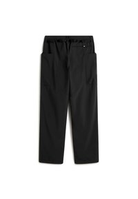 Zwarte broek met een elastische tailleband, twee zijzakken, een met rits afgesloten achterzak en een gladde stofstructuur.