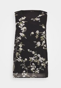 Top sans manches noir avec des motifs floraux blancs et jaunes, un col rond et une coupe décontractée. Fabriqué à partir d'un tissu léger et transparent.