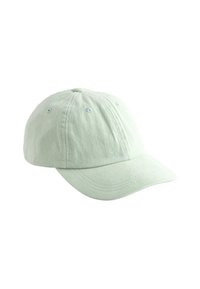 Cappellino da baseball in cotone di colore verde chiaro con visiera curva, dettagli cuciti, sei fori di ventilazione e parte superiore senza cuciture.