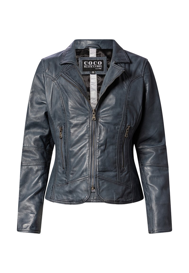 Dunkelblaue Lederjacke mit Reißverschluss, taillierte Passform, zwei vordere Reißverschlusstaschen und detaillierte Nähte an Schultern und Seiten.