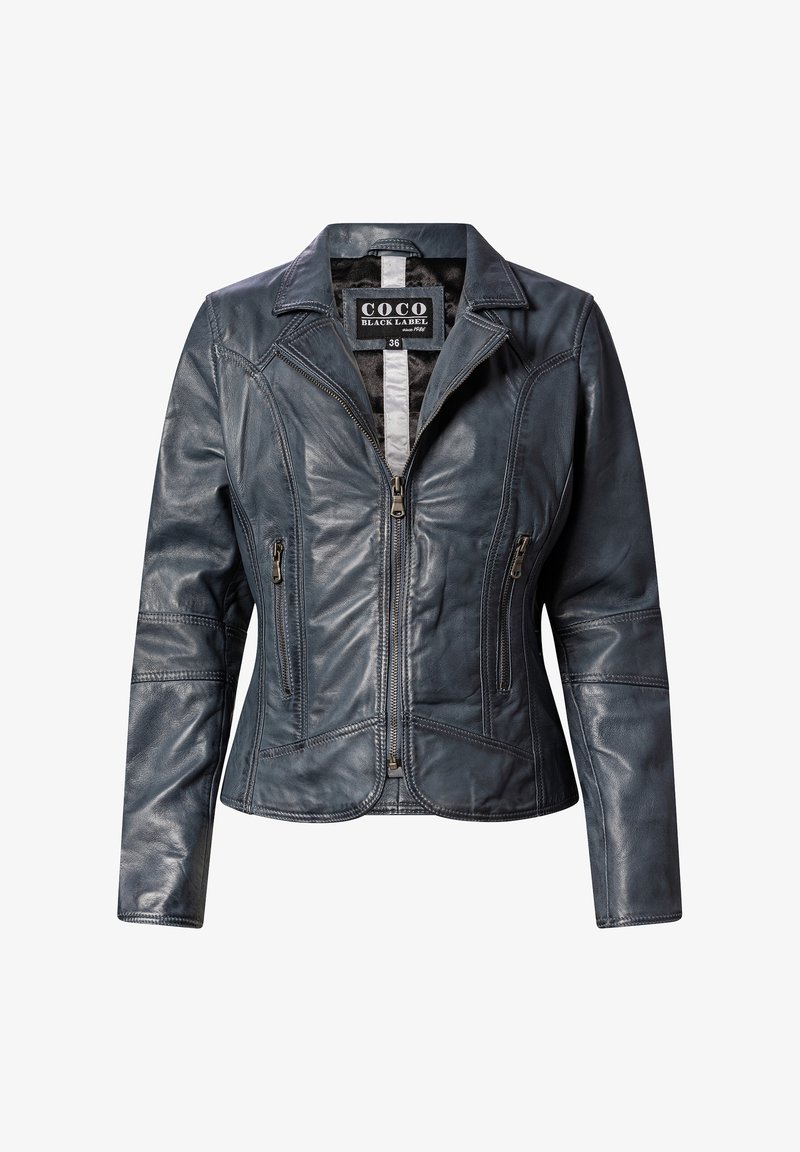 Donkerblauwe leren jas met ritssluiting, slim fit, twee voorzakken met rits en gedetailleerde stiksels op de schouders en zijkanten.