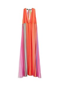 Robe maxi sans manches avec un col halter et un décolleté en V profond, présentant des rayures verticales colorées dans des teintes d'orange, de rose, de violet et de vert.