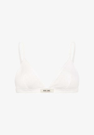 Weißer, weicher Dreieck-BH mit dünnen, verstellbaren Trägern und strukturiertem Stoff, versehen mit einem kleinen SRF INC Logoetikett in der Mitte des unteren Bands.
