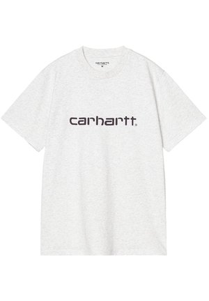 Jasnoszary t-shirt z krótkim rękawem, na środku piersi nadruk "carhartt" małymi czarnymi literami, rozmiar średni.