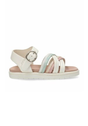 Sandalia blanca con múltiples tiras de colores en rosa, menta y blanco, con una hebilla circular plateada y una plantilla acolchada rosa.
