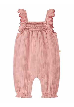 Różowy, bezrękawnikowy kombinezon dla niemowląt z falbanistymi ramiączkami, marszczoną klatką piersiową, teksturowaną tkaniną i elastycznymi, marszczonymi otworami na nogi.