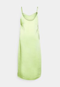 Vestido de slip em satin verde claro, com alças finas ajustáveis, decote redondo e uma textura suave sem padrões.