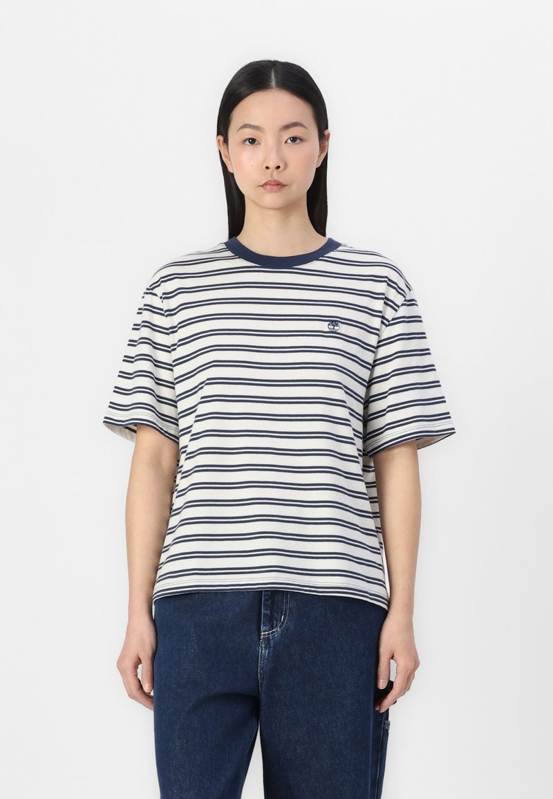 Striped cotton t-shirt in beige and navy, featuring short sleeves and a crew neck. Small logo detail on the chest.