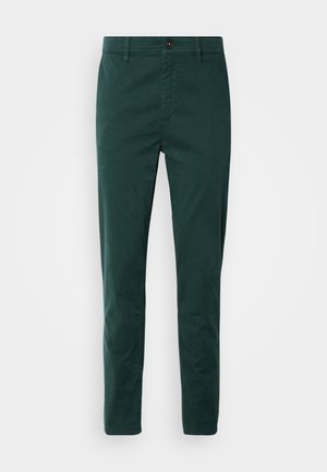 Chinos verde scuro in cotone, con taglio dritto, tasche frontali, zip e bottone marrone in vita.