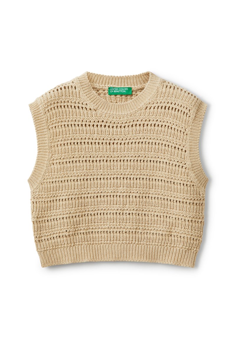 Top senza maniche in maglia beige con un motivo testurizzato di strisce verticali e sezioni a rete, con scollo rotondo e bordi a costine.