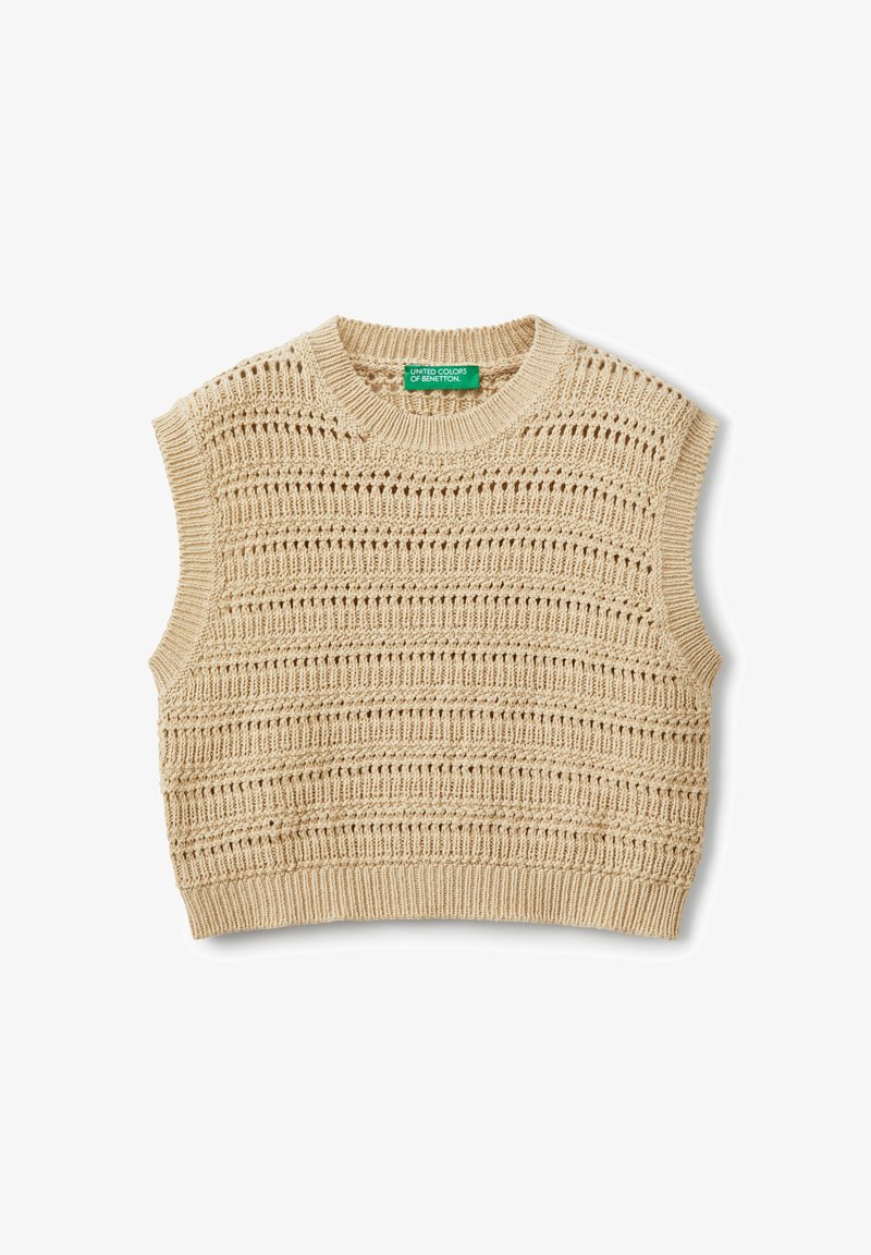 Beige gestricktes ärmelloses Oberteil mit einem strukturierten Muster aus vertikalen Streifen und offenen Bereichen, einem runden Ausschnitt und gerippten Kanten.