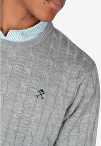 Maglione grigio a trama lavorata a maglia con scollo a coste, con un logo blu navy sul petto e indossato sopra una camicia colletto a righe blu chiaro.