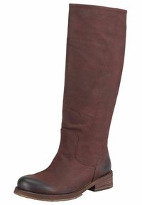 Botte haute jusqu'au genou en cuir marron avec une finition lisse et un bout arrondi. Elle présente un talon bas empilé et des détails de couture discrets sur les côtés.