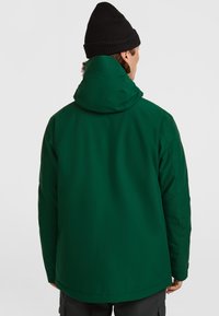 Groene waterdichte jas met een hoge kraag en een vaste capuchon, met een gladde textuur en een eenvoudig ontwerp, gezien vanuit de achterkant.
