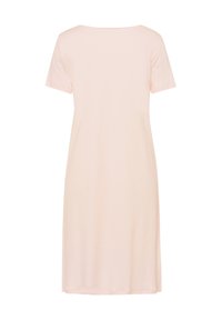Short-sleeve, knee-length dress in soft pink cotton fabric. Features a round neckline and a loose, relaxed fit with no additional embellishments.