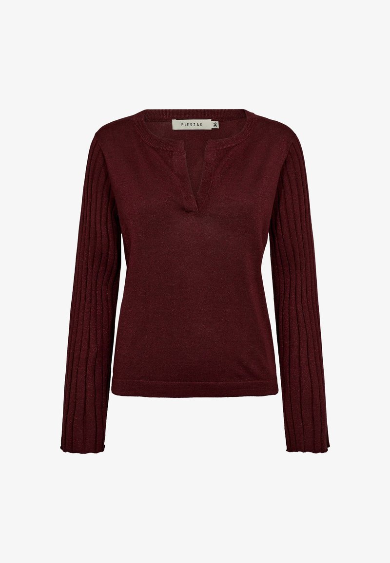 Bordeaux pullover trui met een ronde halslijn en een gedeeltelijke knoopsluiting. Heeft gebreide mouwen en is gemaakt van een zacht, gestructureerd breimateriaal.