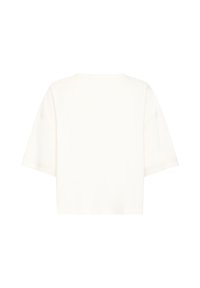 En simpel hvid kortærmet cropped t-shirt med rund halsudskæring, vist fra ryggen på en hvid baggrund.