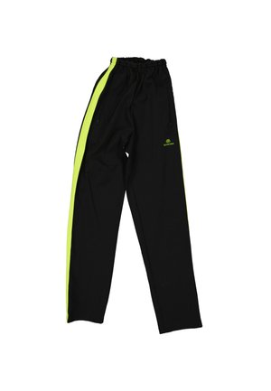 Pantalon de survêtement noir avec des bandes latérales jaune néon, taille élastique, poches zippées et petit logo à l'avant de la cuisse.