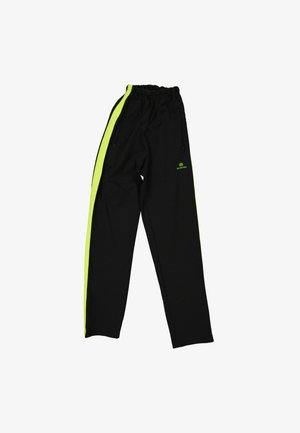 Pantalon de survêtement noir avec des bandes latérales jaune néon, taille élastique, poches zippées et petit logo à l'avant de la cuisse.
