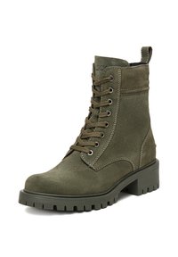 Olīvzaļas zamšādas potīšu kurpes ar šņorēšanu priekšā, šuvju detaļām, vilkšanas cilpu aizmugurē un masīvu gumijas zoli ar blokveida papēdi.