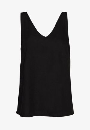 Blouse noire sans manches à col en V, coupe ample et tissu lisse.