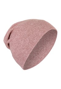 Pink knitted beanie with a textured pattern, soft fabric, slouchy design, and a rolled brim. Lightweight and flexible for comfort.