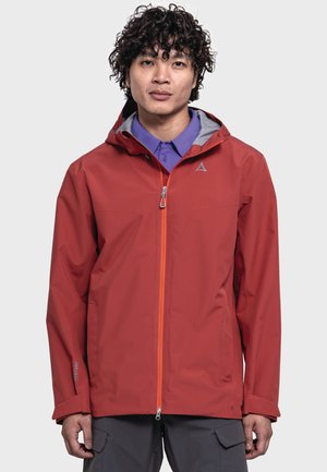 Rote wasserdichte Jacke mit Kapuze, ausgestattet mit einem grauen Innenfutter, orangefarbenem Reißverschluss und Venturi-Branding am Ärmel.