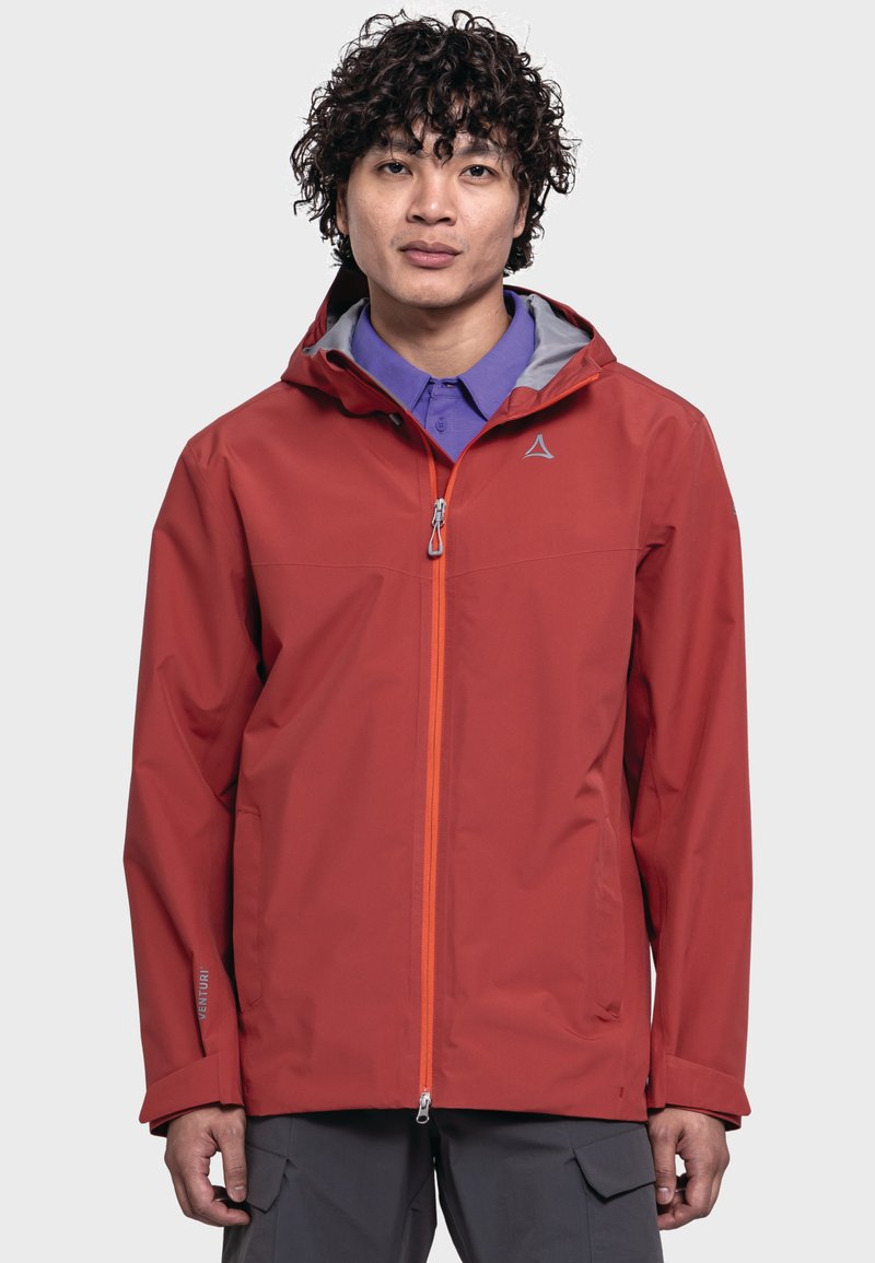 Rote wasserdichte Jacke mit Kapuze, ausgestattet mit einem grauen Innenfutter, orangefarbenem Reißverschluss und Venturi-Branding am Ärmel.