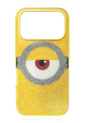 Funda de teléfono inteligente amarilla con un gran diseño de un solo ojo brillante que se asemeja al ojo y la gafas de un personaje Minion.