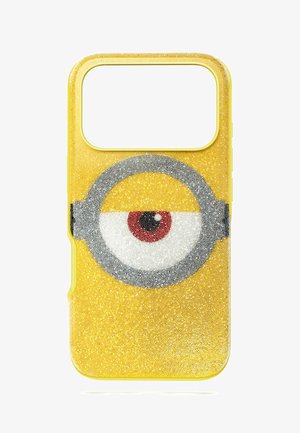 Yellow smartphone case with a large, glittery single eye design resembling a Minion character's eye and goggle.