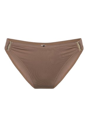 Bañador de bikini marrón hecho de tela acanalada con cintura elástica y acentos laterales. Presenta bordes sin costuras para mayor comodidad y un ajuste elegante.