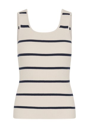 Canotta senza maniche color beige in maglia a coste con strisce orizzontali blu navy distribuite uniformemente sul tessuto.