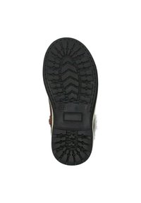 Bruine rubberen zool met een diep profieldesign, featuring zigzag- en ovale patronen. De bovenrand is licht gebogen met een geprofileerde afwerking.