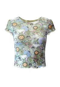 Kortärmad t-shirt i lätt tyg, med en grön bakgrund och färgglada mönster av solar, blommor, månar och dödskallar.