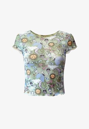 Short-sleeve t-shirt made of lightweight fabric, featuring a green background with colorful patterns of suns, flowers, moons, and skulls.