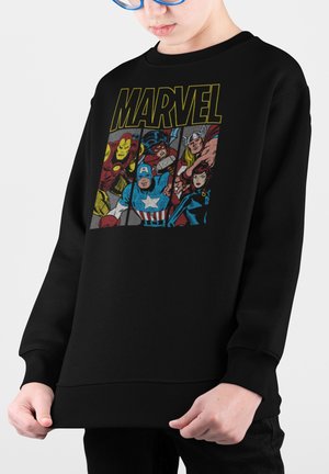 Felpa nera con stampa a fumetti Marvel colorata. Presenta personaggi come Iron Man e Captain America, con polsini e orlo a costine.
