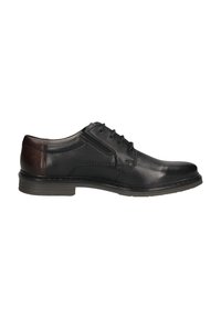 Schwarze Leder-Herrenschuhe mit Schnürung, dunkelbraunem Fersenpatch und niedriger Gummisohle.