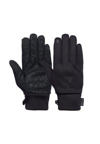 Zwarte handschoenen met een textuurpatroon voor grip op de palm, voorzien van een slank ontwerp, gladde stof en verstelbare polsbanden.