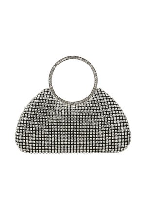 Fekete esti kézitáska ezüst strasszok hálójával borítva, és hozzáillő kerek strassz fogantyúval fehér háttéren.