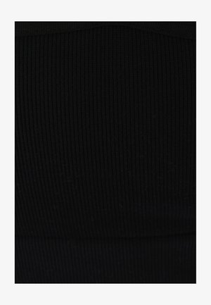 Czarna ribbed materiał z pionowymi liniami, o średnim rozciągnięciu i gładkiej fakturze. Brak widocznych wzorów lub elementów metalowych.