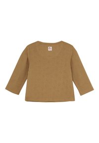Bruine lange mouwen peutershirt met kleine hartvormige breipatronen en een klein label aan de bovenste achterkant van de kraag.