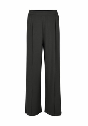 Wide-leg black trousers with a stretchy waistband, made from a soft fabric, featuring subtle pleats and straight cut. No visible pockets.