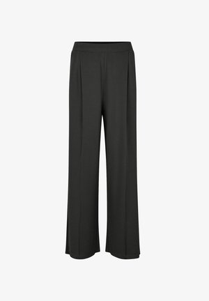 Wide-leg black trousers with a stretchy waistband, made from a soft fabric, featuring subtle pleats and straight cut. No visible pockets.