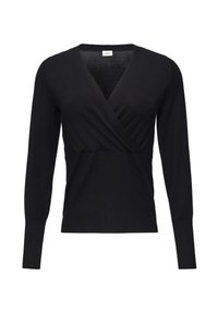Zwarte wikkeltrui met lange mouwen, gemaakt van zacht, ribbelstof. Heeft een V-hals en een aangesloten taille voor een flatterende silhouet.