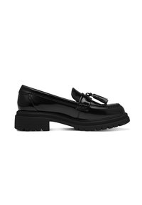 Mocasines de charol negro con una suela gruesa y dentada, que presentan un acento decorativo de borlas y un detallado bordado en la parte superior.